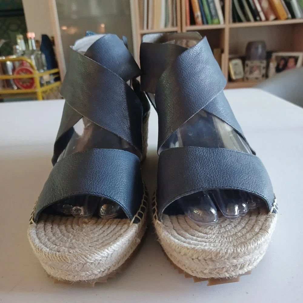 Eileen Fisher Slate Blue Leather Espadrille Wedge Sandals Women 11 Platform NWOT